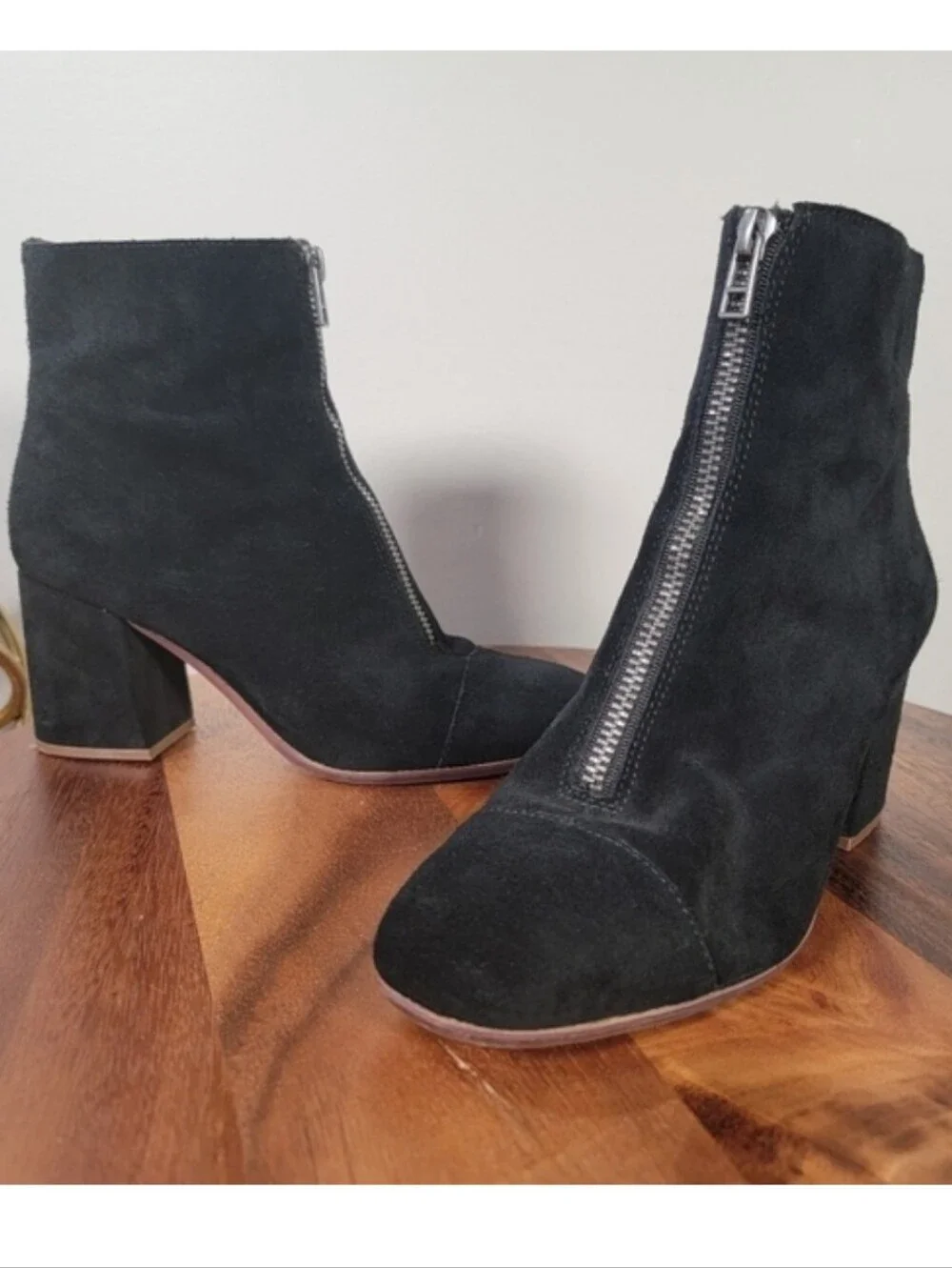 Madewell The Amalia Suede Front Zip Ankle Boots Black Size 6 Block Heel Retro